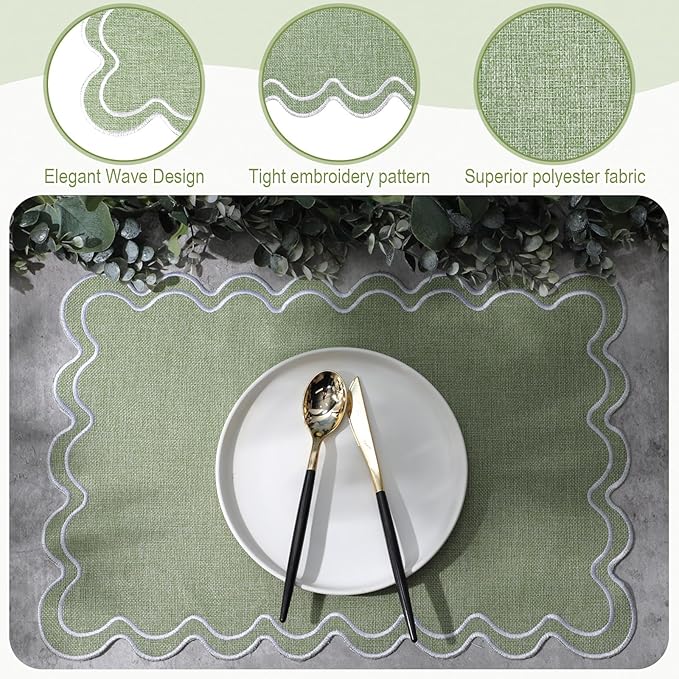 12 Set Linen Placemat 13x19 Wavy Embroidery Scalloped Placemat Double Layered Washable Farmhouse Dinner Table Mat Fabric Napkin for Christmas Hotel Restaurant Wedding Party(Sage Green)