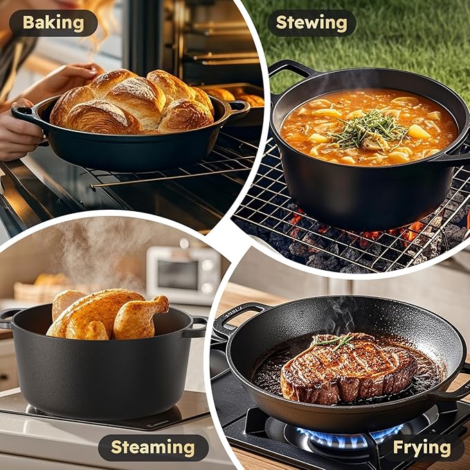 5QT Cast Iron Dutch Oven for Bread Baking, Proofing Basket Sourdough Starter Kit, 2 in 1 Bread Making Pan Pot with Lid, Sour Dough Tools Set Includes Lame Supplies, Gifts for Baker