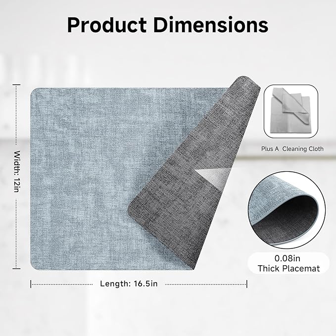 Faux Leather Vinyl Placemats Set of 4 Wipeable Heat Resistant Place Mats 100% Washable - Waterproof - Anti Slip Reversible Table Mats for Kitchen/Dining/Party/Outdoor, 12" x 16.5", Light Blue & Black