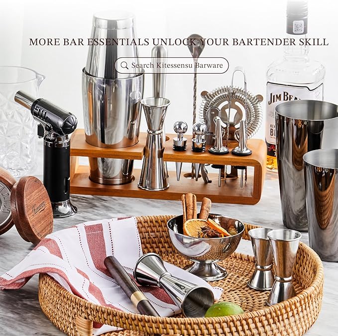 KITESSENSU Cocktail Shaker Set Bartender Kit, 6-Piece Silver Bar Set with Stand, Bar kit with Essential Bar Accessory Tools: Martini Shaker, Jigger, Strainer, Bar Spoon, Tongs, Opener