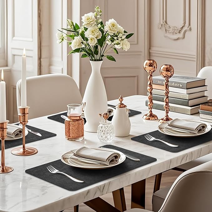 Vinly Placemats Set of 6 - Waterproof Wipeable Faux Leather Table Place Mats Heat Resistant Anti Slip Table Mats for Dining, Indoor, Outdoor, 15.8" x 11.8" (Dark Grey)