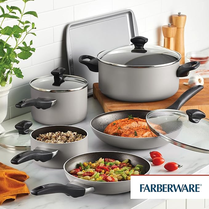 Farberware 21805 Dishwasher Safe Nonstick Cookware Pots and Pans Set, 15 Piece, Champagne