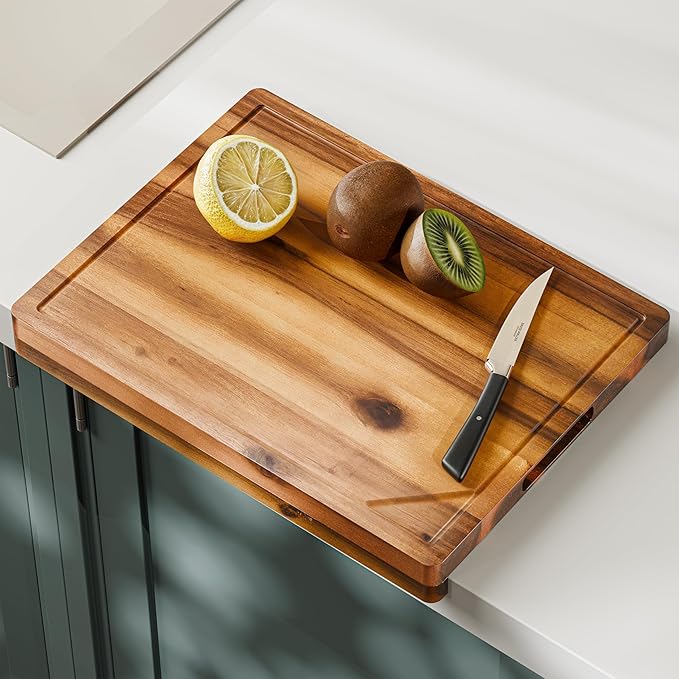 16” Acacia Wood Cutting Board and Chopping Board with Handles - Wooden Cutting Boards for Kitchen Counter - Cheese Board and Charcuterie Board - Serving Board With Counter Lip - No Assembly