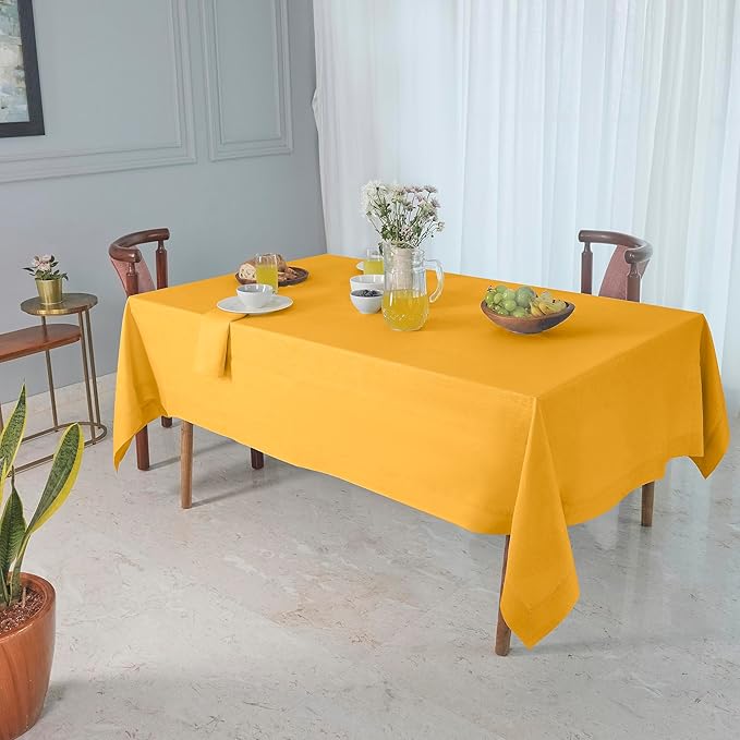 D'Moksha Homes Linen Tablecloth 60 x 108 Inch - 100% Pure Linen Sunflower Yellow Tablecloth for Rectangle Tables - Machine Washable Table Cloth for Fall, Autumn and Halloween
