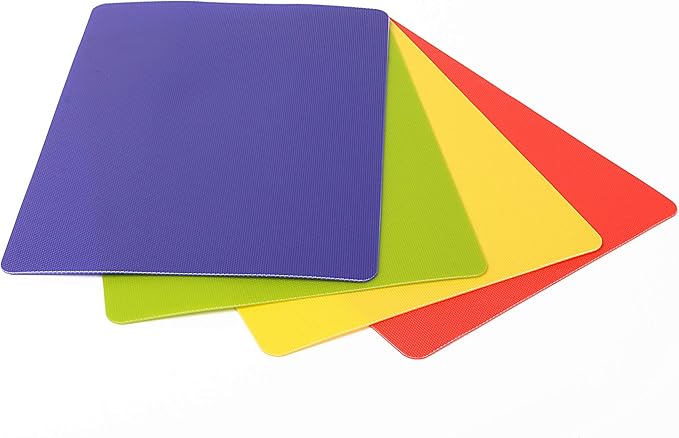 Dexas Heavy Duty Cutting Board Grippmat, Flexible Cutting Boards for Kitchen, Set of 4, Non Slip Plastic Board Cutting Mat Small Size 5.5 x 8, Blue, Green, Yellow, Red Set, Kitchen Gadgets