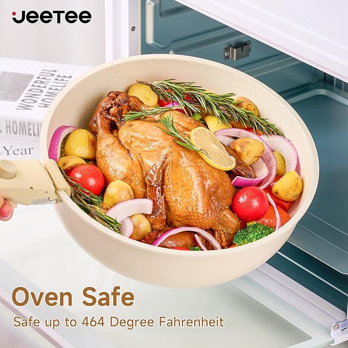 JEETEE Nonstick Pots and Pans Set with Removable/Detackable Handle (Beige, 25 Pieces)