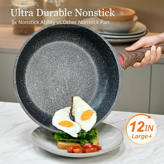 Nonstick Frying Pan Skillet with Lid, 12 in No Stick PFOA-Free Granite Coating Chef's Pan, Large 30 cm Cooking Pans for Family, Gift Cookware Set for Gas Stove, Induction Top