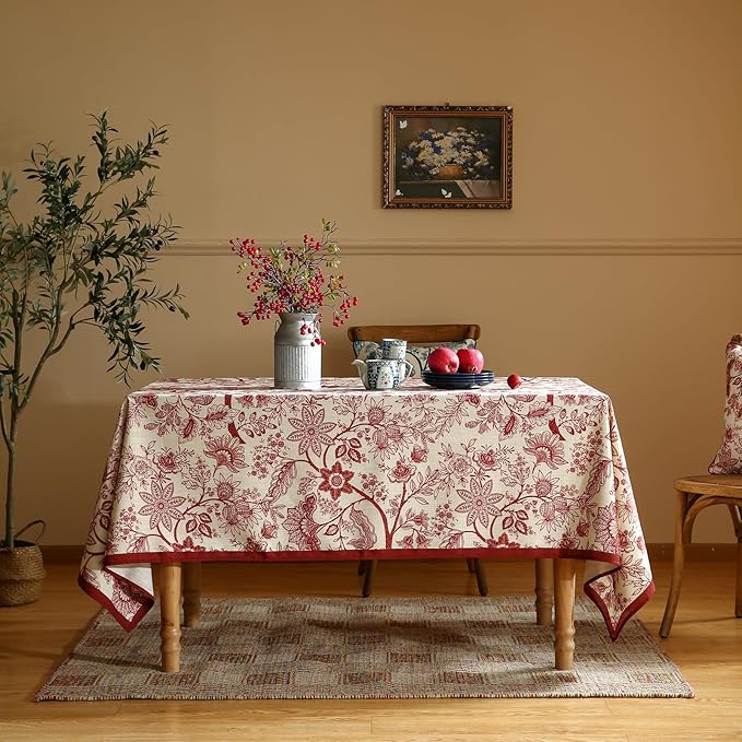 French Tablecloth for Rectangle Tables,Linen Table Cloth with Red Flowers Pattern,Heavy Durable Table Cover for Dining Thanksgiving Kitchen Decor Party Christmas,67"*118"