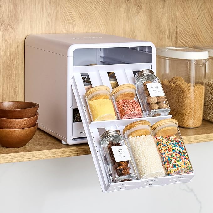 YouCopia SpiceStack,18-Bottle Adjustable Spice Rack Organizer, Pull-Out Seasoning Holder for Kitchen Cabinet and Pantry Storage with 104 Labels and Adjustable Dividers, Speckled White