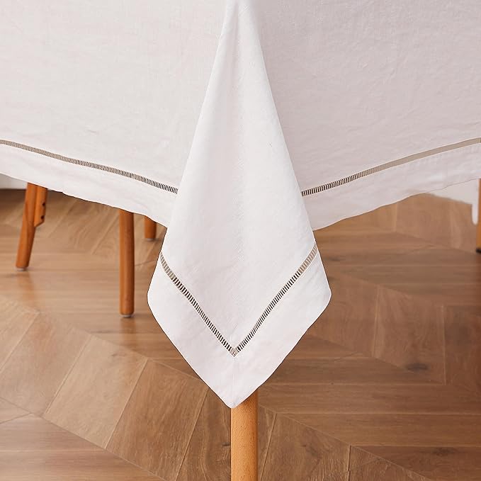 Linen World Hemstitch Linen Tablecloth,100% Natural French Flax,60x108Inch Handcrafted White-Natural Linen Table Cloth,Tabletop,Table Cloths for Kitchen,Dining,Daily Use(White-Natural)