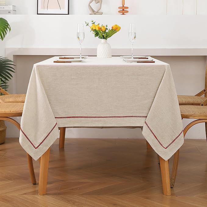 Linen World Hemstitch Linen Tablecloth, 100% Natural French Flax, 60x120Inch Handcrafted Natural-Rust Linen Table Cloth, Tabletop Decoration, Table Cloths for Kitchen, Dining, Daily Use