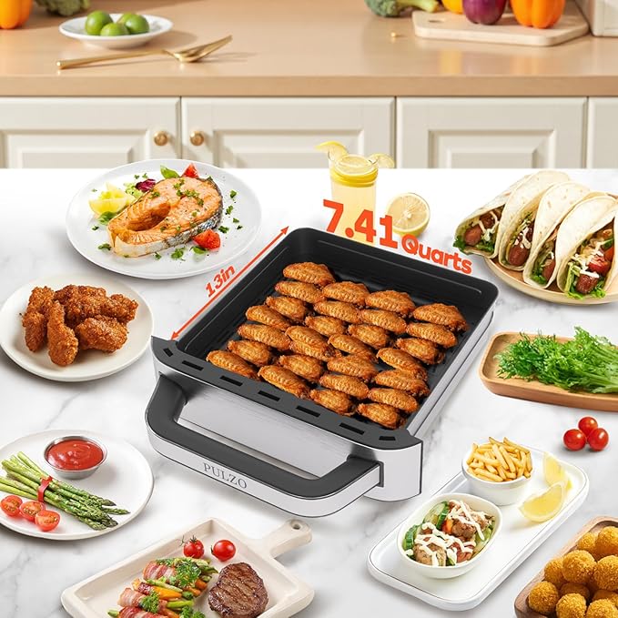 PULZO 7.4 Qt Large Air Fryer, 13IN Large Pizza Airfryer, 12-IN-1Smart Digital Fryer with Basket, 166° Viewing Window, 8 Airfryer Presets, Roast, Bake, Broil, Reheat, Dehydrate, Automatic Shutdown
