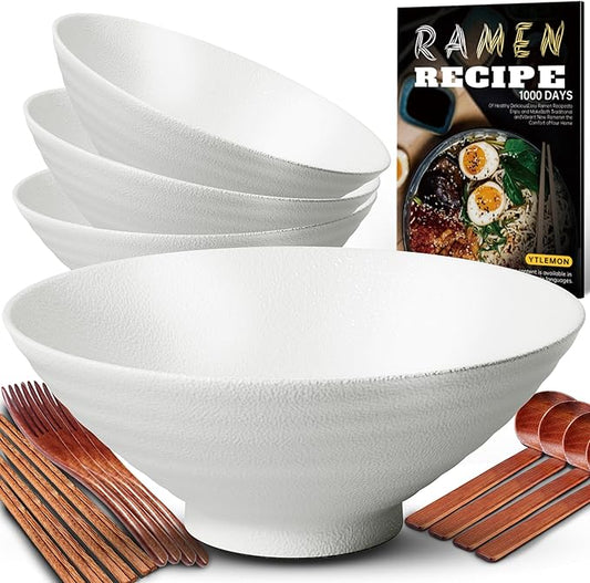 8-Inch Ceramic Ramen Bowl Set of 4 (17 Piece) - Porcelain Japanese Salad Noodles Cereal Fruit Pasta Soup Large Bowls with Recipes Chopsticks Forks Spoons for Men Women Gift Microwave Dishwasher Safe