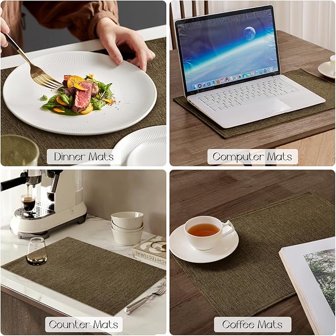 Romanstile Cloth Placemats Set of 8-12 x 18 Inch, Heat Resistant Double Layered Thickened Burlap Place Mats, Washable Faux Linen Farmhouse Table Mats for Kitchen/Dining/Party/Outdoor, Brown