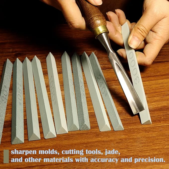 10pcs Triangular Sharpening Stone Sticks Set, 5.92inch Green Silicon Carbide Oil Stones, Grit Sizes 80#-3000# for Models, Metal, & Knife Cutting Tools
