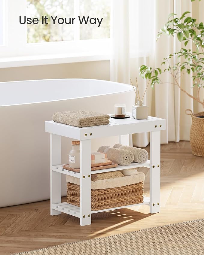 SONGMICS Shoe Rack Bench, 3-Tier Bamboo Shoe Storage Organizer, Entryway Bench, Holds Up to 286 lb, 11.3 x 19.7 x 17.8 Inches, for Entryway Bathroom Bedroom, Cloud White ULBS001W01