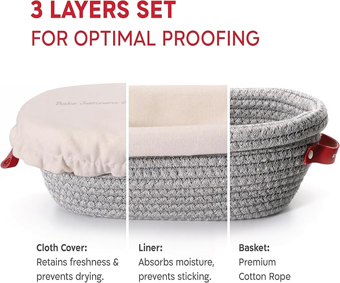 KneadAce Cotton Rope Banneton Bread Proofing Basket Set, 2 x Oval Bread Basket with Liners & Covers for Artisan Bread Baking, Sourdough Bread Baking Supplies
