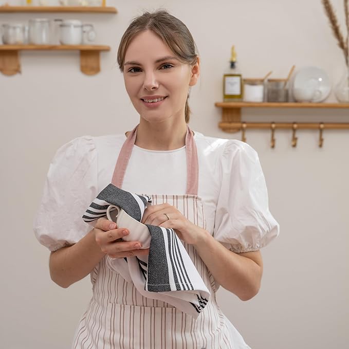 Black Striped Kitchen Towels - 6 Pack, 100% Cotton, 30"x20" Black Cotton Tea Towels - Highly Absorbent, Washable, Durable, Lint-Free All-Season Hand Towels (6 Pack)