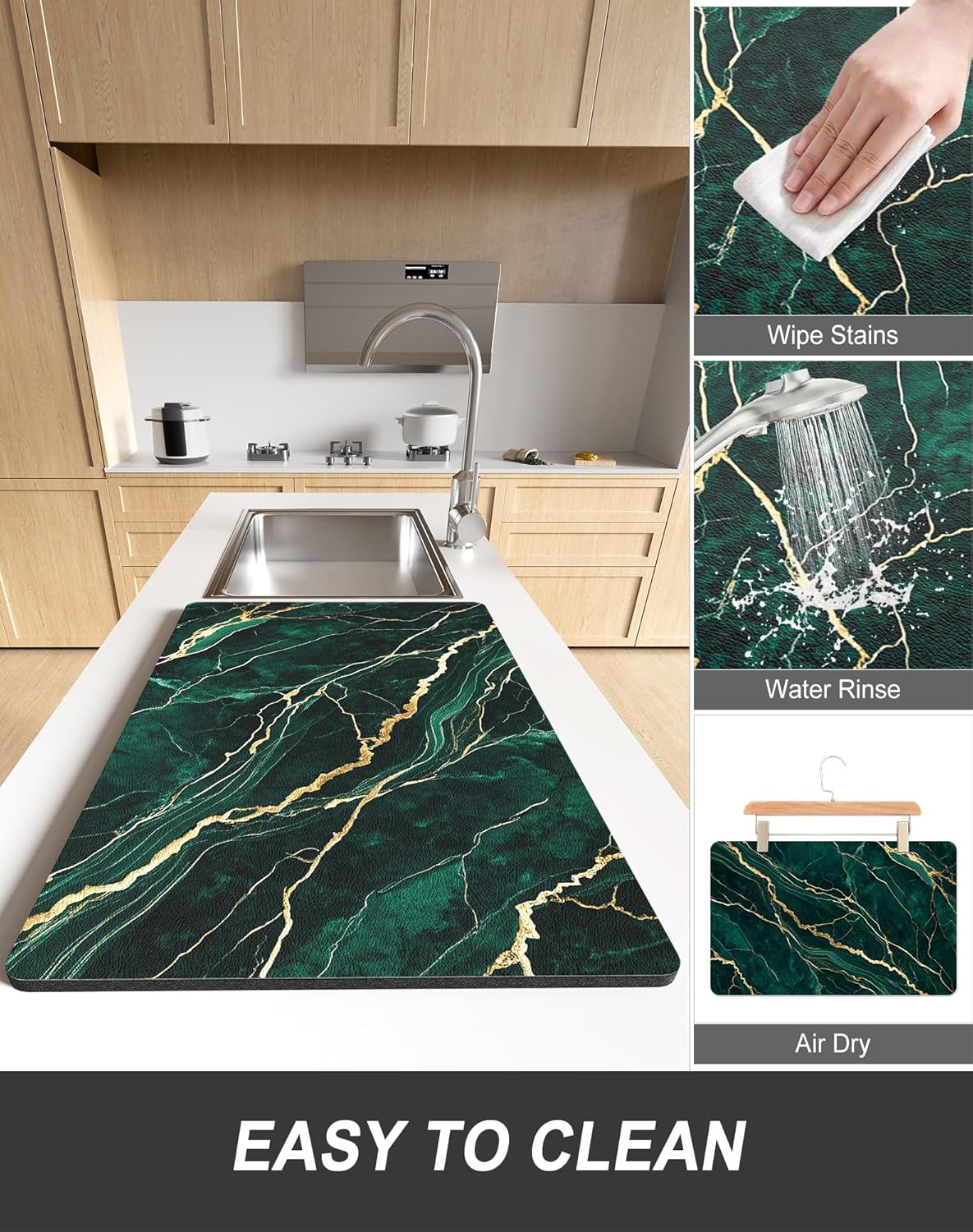 Rnivvi Dish Drying Mat for Kitchen Counter, XL 15 x 24" Cute Marble Absorbent Draining Pad, Non-Slip Heat Resistant Coffee Bar Mats for Coffee Machine Station Accessories, Green Gold Dish Rack Pad