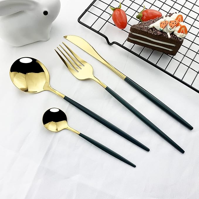 JASHII Flatware Serving Set 24 Piece, Stainless Steel Silverware Set, Green Gold Cutlery Set, Modern Elegant Tableware Set for Party, Christmas, Dinner (Green Gold)