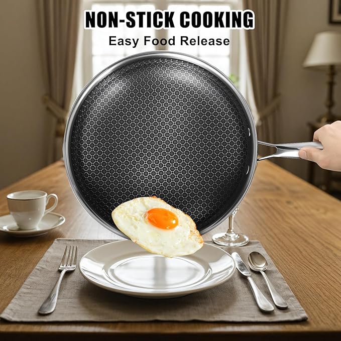 10 Inch Nonstick Frying Pan, Stainless Steel Skillet with Honeycomb Surface, Induction Compatible, Oven & Dishwasher Safe, PFAS-Free Cookware