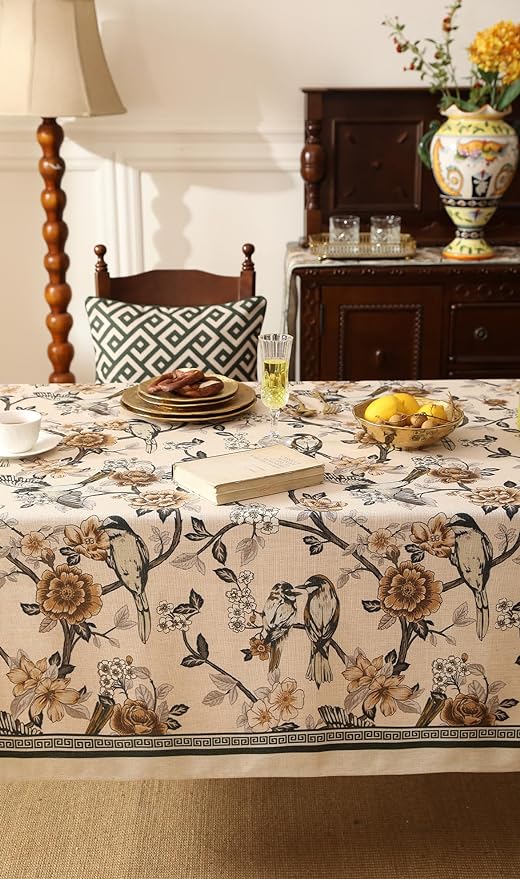 Floral Rectangle Tablecloth,Linen Table Cloth with Yellow and White Flowers Pattern,Heavy Durable Table Cover for Dining Thanksgiving Kitchen Decor Party Banquet Christmas,63"*110"