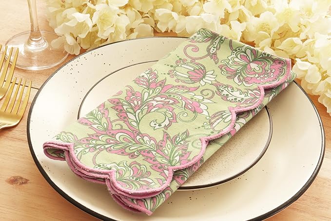 PurpleEssences Scalloped Embroidery Kalamkari Cloth Napkins Christmas Holiday Winter Table Decor 100% Cotton Set of 4-18 x 18 inch - Sage Green Edges - Blush Pink