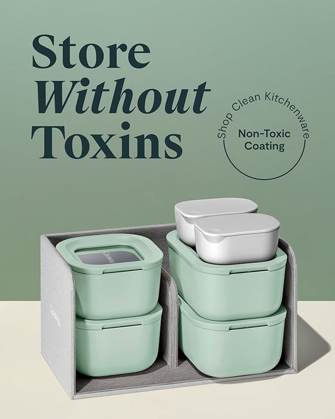 Caraway Mini Food Storage 11pc Set - Glass Storage Containers for Food - Non-Toxic Ceramic-Coated Glass - Air Release Technology - Compact & Stackable Design - Mist