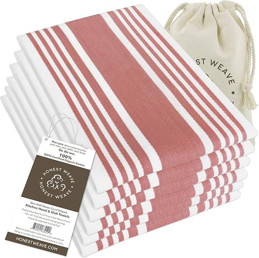GOTS Certified Organic Cotton Kitchen Hand and Dish Towel Sets - Oversized 20x30 inches, Fully Hemmed, in Designer Colors, 6-Pack, Coral Stripe