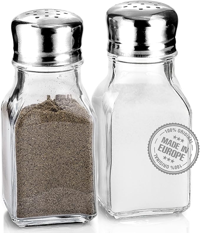 Salt and Pepper Shakers Glass Set, Clear Home and Kitchen Design with Stainless Steel Lids