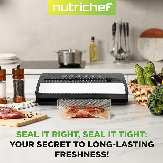 NutriChef Food Vacuum Sealer Machine, Stainless Steel & ABS Body, Automatic Sealing System for Dry and Moist Foods, LED Touch Controls, Includes Bags, Hose & Roll Cutter, 110W Suction Power, 14"x6"