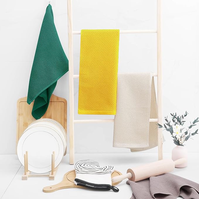 Homaxy 100% Cotton Waffle Weave Kitchen Dish Towels, Ultra Soft Absorbent Quick Drying Cleaning Towel, 13 x 28 Inches, 12-Pack, Dark Green