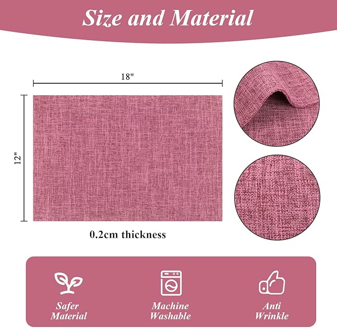 SHACOS Woven Fabric Placemats Set of 4 Heat Resistant Place Mats Non Slip Washable Double Layer Cloth Placemats Reversible Table Mats Kitchen Dining Table Decor (4, Hot Pink)