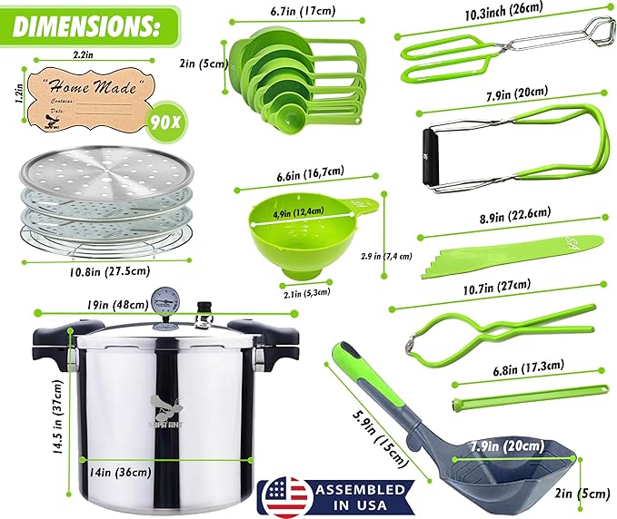 Supa Ant Pressure Canner 23 Qt with Canning Supplies Starter Kit - Canning Pressure Cooker with Gauge - Water Bath Canner Pot with Rack and Lid - Jar Lifter, XL Ladle, Jar Tongs, and Bubble Popper