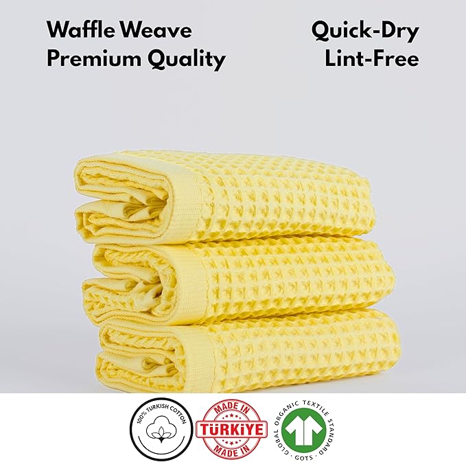 PÜSKÜL Organic Waffle Kitchen Towel 100% Turkish Cotton Set of 3 Yellow - Premium Quality, Soft, Quick-Dry, Absorbent, Lint-Free Hand Towels 32X16 Inches (3, Light Yellow)