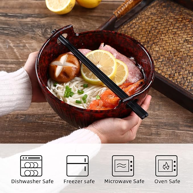 Ramen Bowl with Chopsticks and Spoons, Ceramic Set of 2, Dishwasher Safe for Pho Udon Soba Noodle Salad Pasta, Special Reactive Glazed Crimson Bowls Set