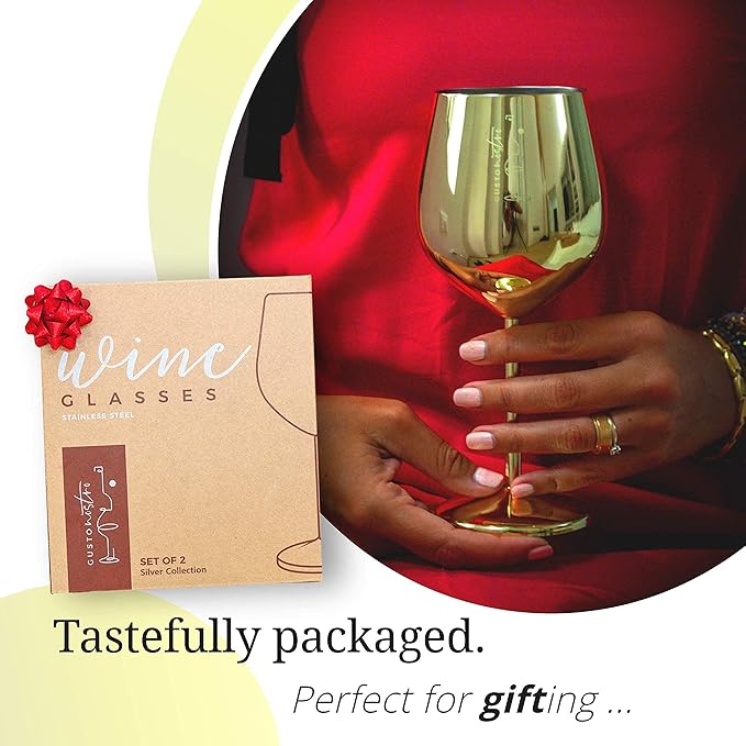 Gusto Nostro Stainless Steel Wine Glass - 18 oz Unbreakable Gold Wine Glasses for Travel, Camping and Pool - Fancy, Unique and Cute Portable Metal Wine Glass for Outdoor Events, Picnics (Set of 2)
