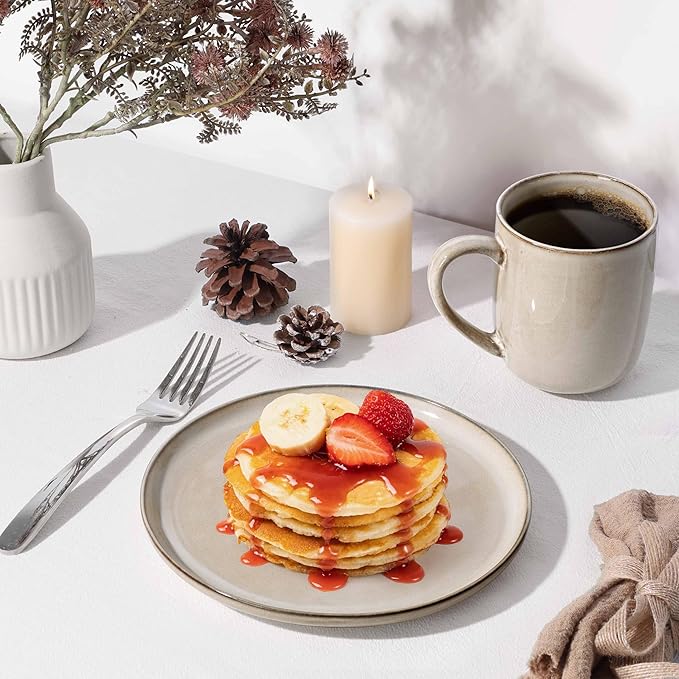 Herogo Stoneware plates and bowls sets for 6, 18 Pieces Modern Round Dinnerware, Reactive Glaze Dishes Set for Kitchen, Chip Resistant, Microwave & Dishwasher Safe, Cream Khaki