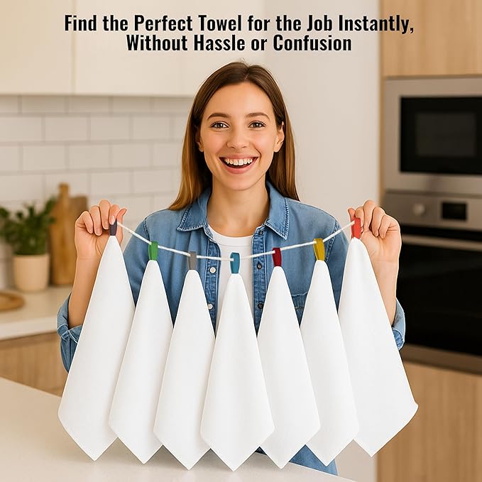 Premium Cotton Kitchen Towels Set of 7 – Ultra Absorbent & Soft Dish Towels with Color Hanging Loops – Quick Dry, Lint-Free Tea Towels for Cooking, Cleaning & Baking - 28" x 28"