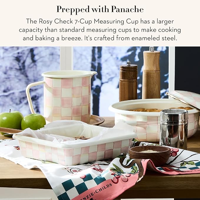 MACKENZIE-CHILDS Enamel Measuring Cup, Cute Measuring Cup with Pour Spout, 7-Cup Capacity, Pink-and-White Rosy Check