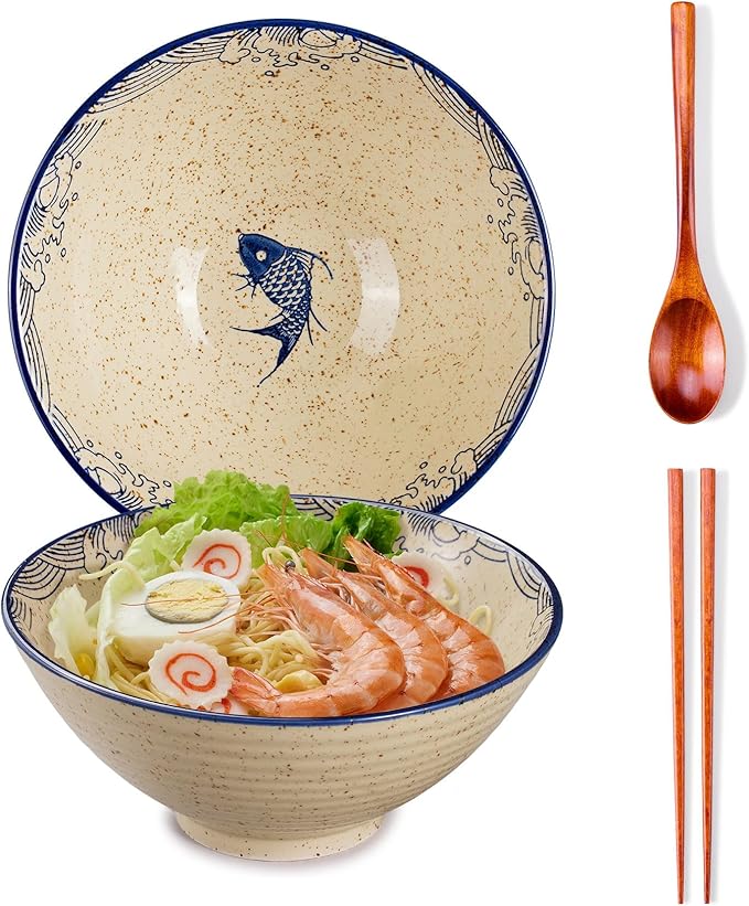 40 OZ ceramic ramen bowls, 8 IN large Japanese noodle soup bowl, match chopsticks and spoons, suitable for Pho, Udon Asian noodles (Japanese fish)