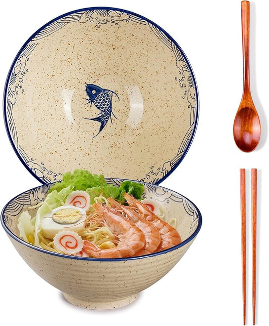 40 OZ ceramic ramen bowls, 8 IN large Japanese noodle soup bowl, match chopsticks and spoons, suitable for Pho, Udon Asian noodles (Japanese fish)