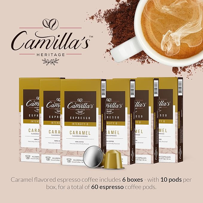 Camilla’s Heritage - Intensity 8 Caramel Flavored Espresso Coffee, Gourmet Espresso Cups, 60 Coffee Pods