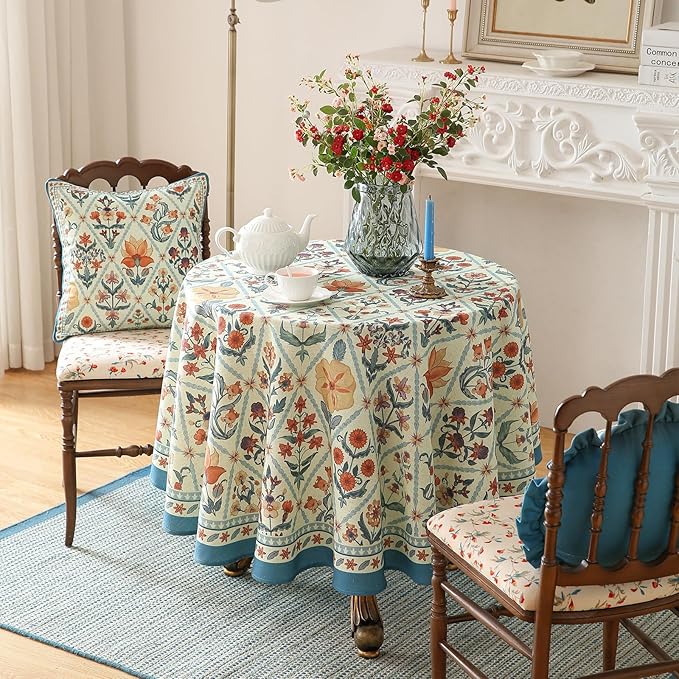 French Tablecloth for Round Tables,Linen Table Cloth with Colorful Flowers and Leaves Pattern,Heavy Durable Table Cover for Dining Thanksgiving Kitchen Decor Party Christmas,55"*55"