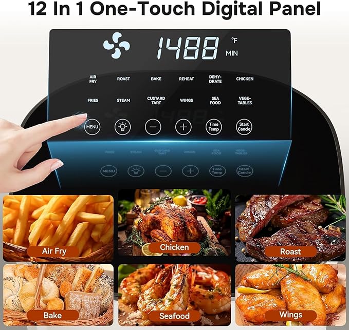 Simple Deluxe 12-in-1 Air Fryer 6.34 Qt, Digital Preset Airfryer with Visible Window, Nonstick and Dishwasher-Safe Basket, Air Fry, Roast, Bake, Dehydrate, Fries, 1700W, Beige