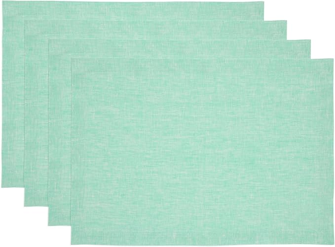 Solino Home Linen Cloth Placemats Set of 4-100% Pure Linen Chambray Aqua Placemats 14 x 19 Inch - Athena