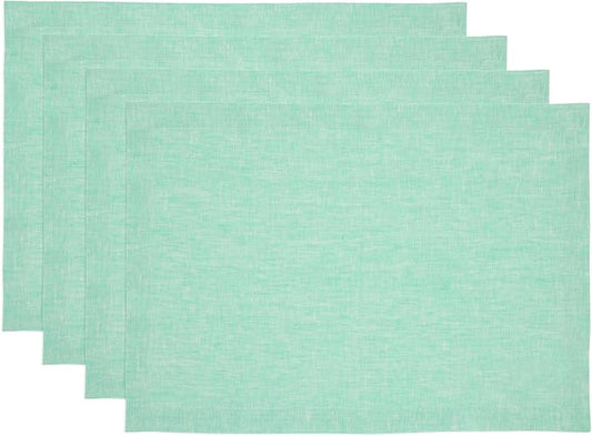 Solino Home Linen Cloth Placemats Set of 4-100% Pure Linen Chambray Aqua Placemats 14 x 19 Inch - Athena