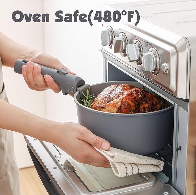 SENSARTE 17 Piece Ceramic Pots and Pans Set, Nonstick Detachable Handle Cookware, Induction Kitchen Cookware Set with Removable Handle, Dishwasher ＆ Oven Safe (Gray)