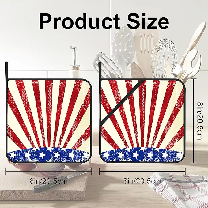 4th of July Grunge American Flag Pot Holders Set of 2 Oven Hot Pads Pot Holders for Cooking Baking BBQ Gifts for Women