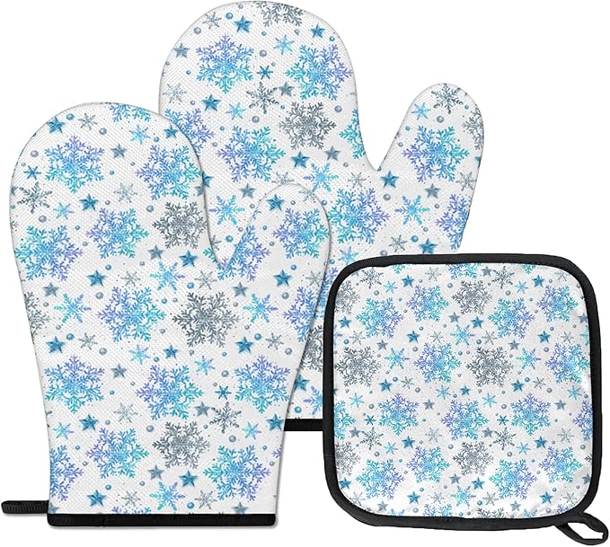 Oven Mitts Pot Holders Set 3 for Kitchen, Christmas Snowflakes Insulation Oven Gloves Heat Resistant Pot Pads Cook Essentials Accessories for BBQ Baking Cooking Kitchen Decor Gifts for Women